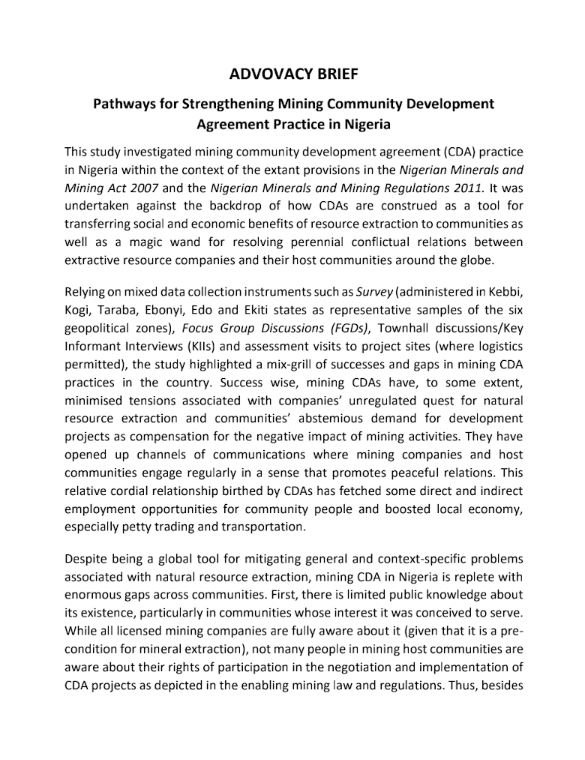 Advocacy Brief – Pathways for Strengthening Mining Community Development Agreement Practice in Nigeria