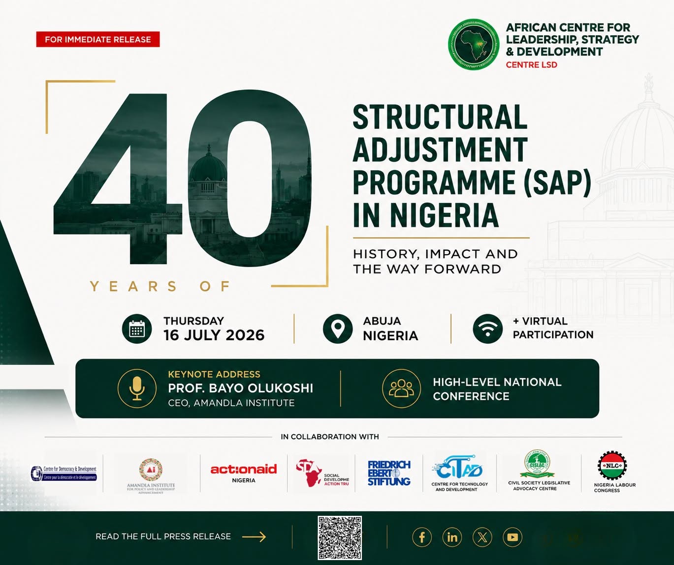 Centre LSD and Partners Convene High-Level National Conference on Forty Years of the Structural Adjustment Programme (SAP) in Nigeria