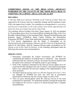 Communique Issued At The High Level Adovocacy Workshop on The Clean-up of the Niger Delta Held at Corinthia Villa Hotel, Abuja.
