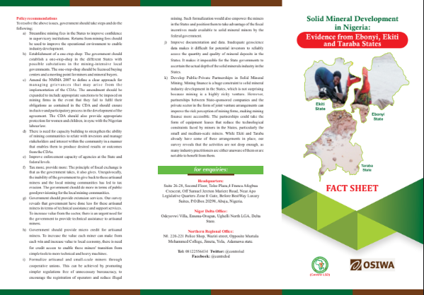 Solid Mineral Development in Nigeria: Fact Sheet (Evidence from Ebonyi, Ekiti, and Taraba States)